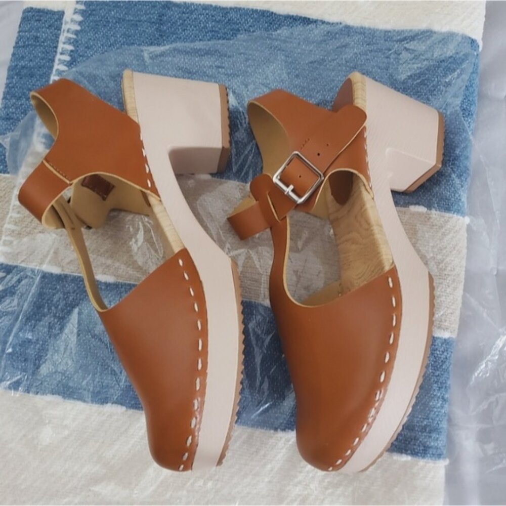 New Swedish Inspired Clogs Block Heel In Camel - Picture 6 of 9